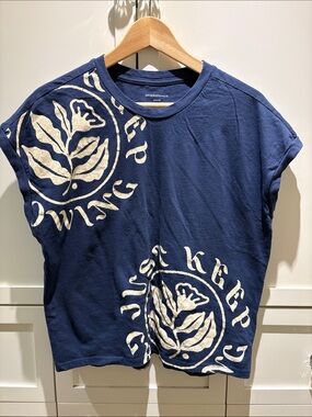 Anthropologie Navy Tee with Cream Floral Graphic